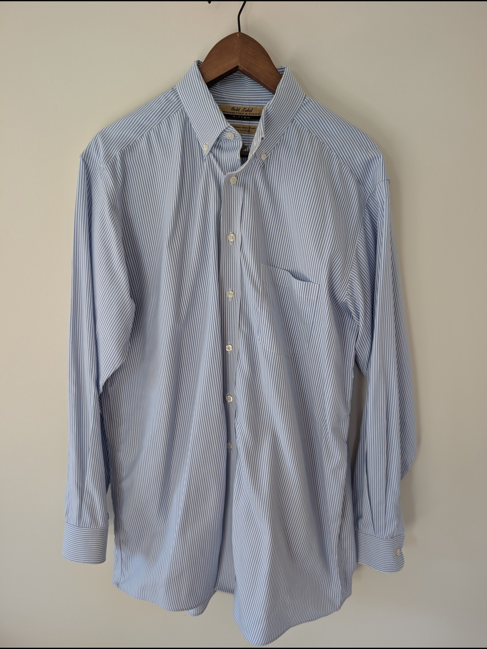 Roundtree & Yorke Gold Label Dress Shirt Mens 16.5 35 Fitted Blue White Stripe